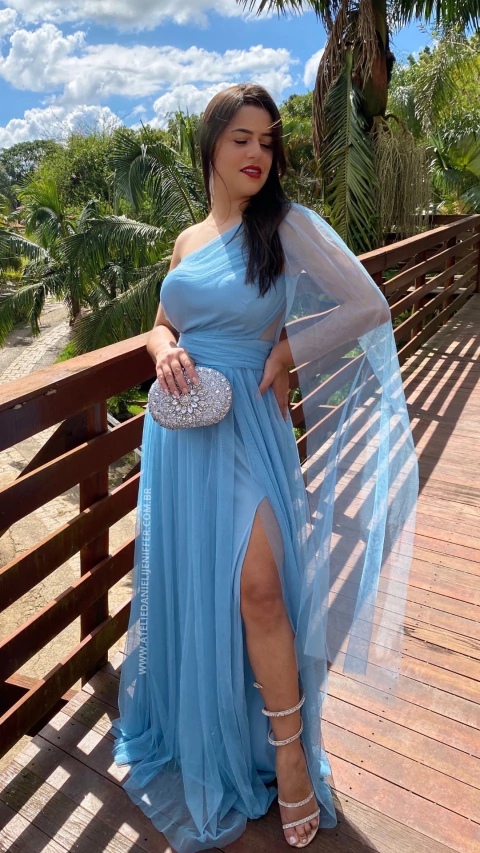 Vestido Longo Rafa Azul Serenety Alça Ùnica Manga Solta