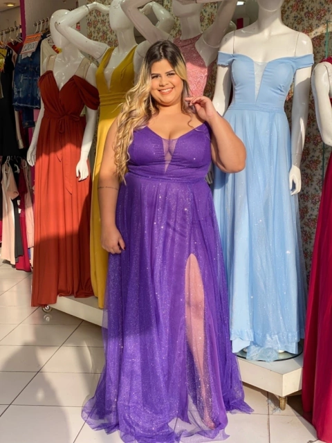 Vestido Ombro A Ombro Roxo Com Fenda Isabelly