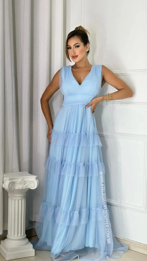 Vestido Longo Com Babados Três Marias Sem Manga Azul Serenety