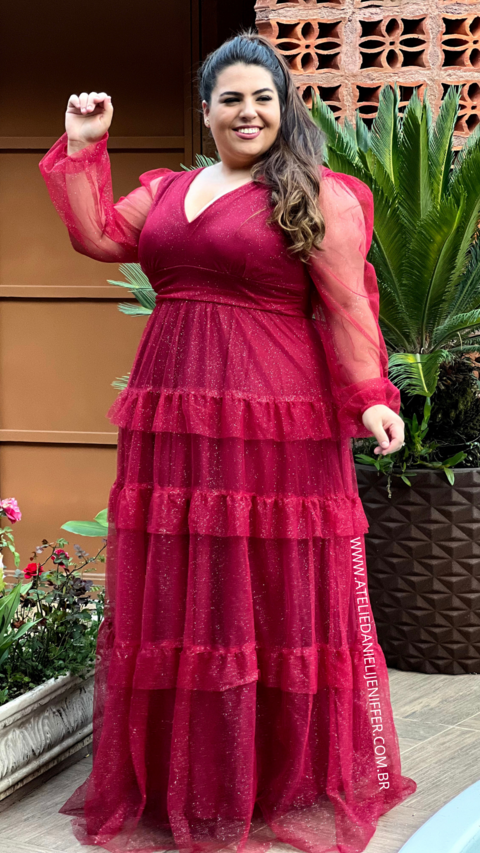 Vestido Longo Manga Longa Três Maria Marsala Plus Size