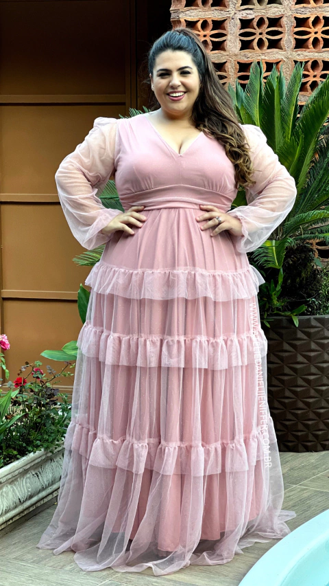 Vestido Longo Manga Longa Três Maria Rose Plus Size