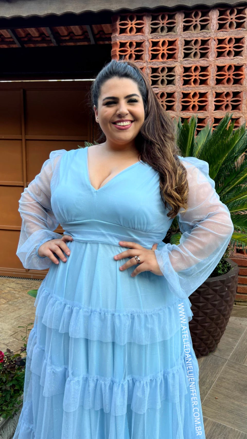 Vestido Longo Manga Longa Três Maria Azul Serenety Plus Size