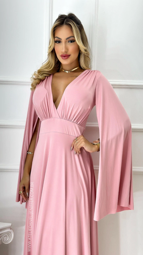 Vestido Longo Antonella Rose Manga Capa
