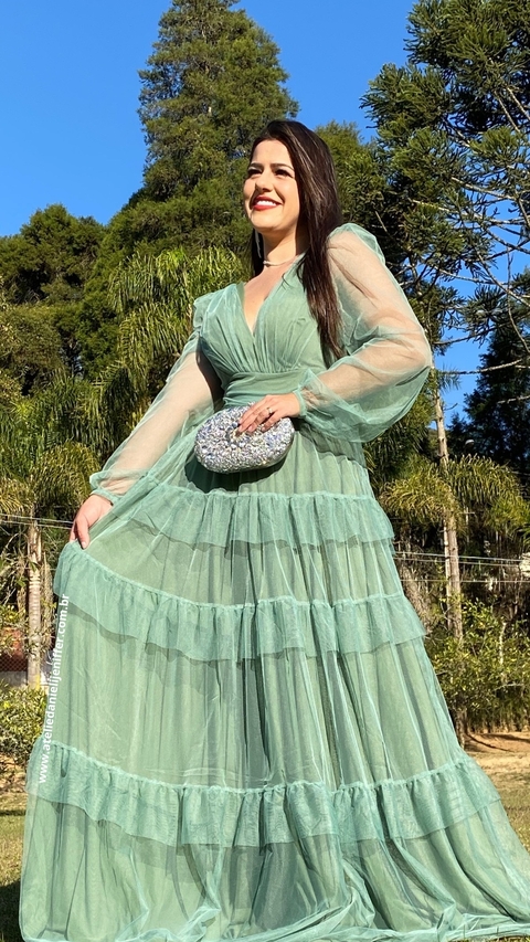 Vestido Longo Três Marias Manga Longa Verde