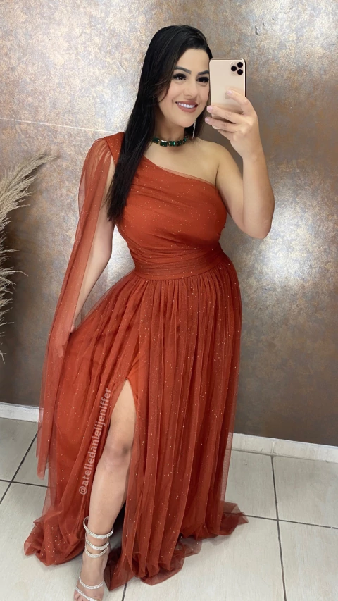 Vestido Longo Rafa Terracota alça Unica Manga Solta