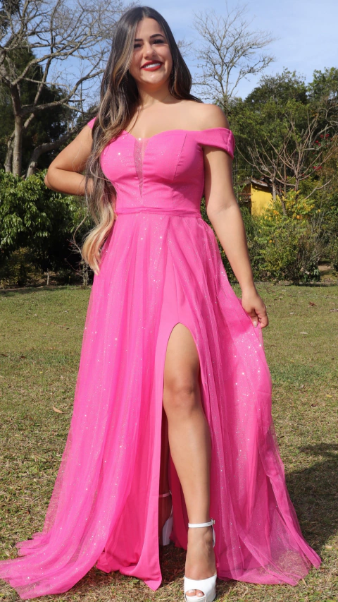 Vestido Longo Rosa Pink Ombro A Ombro Com Fenda Isabelly