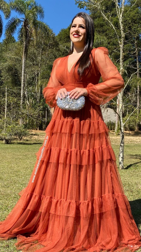 Vestido Longo Três marias De Manga Longa Terracota