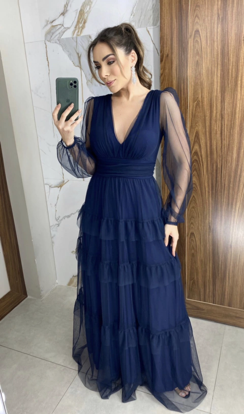 Vestido Longo Azul marinho Três Marias De Manga Longa