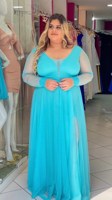 Vestido Carol Longo Azul Tiffany Manga Longa