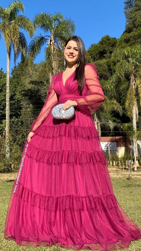 Vestido Longo Fucsia Três Marias De Manga Longa