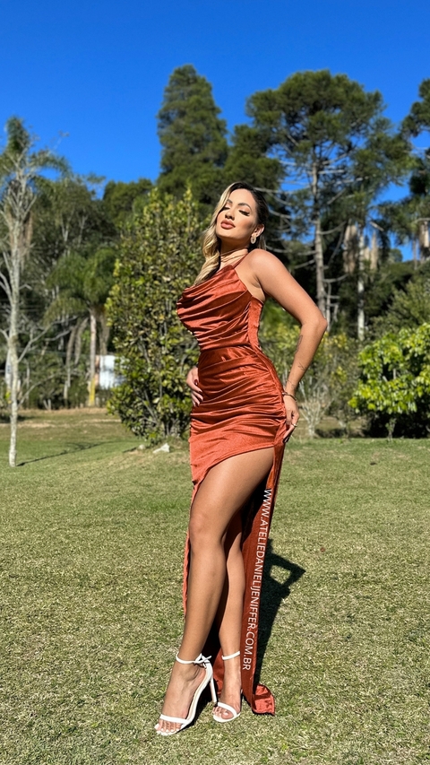 Vestido Longo Sereia Terracota Com Alça E Fenda Maya