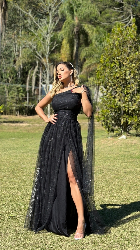 Vestido Longo Rafa Preto Alça Única Manga Solta