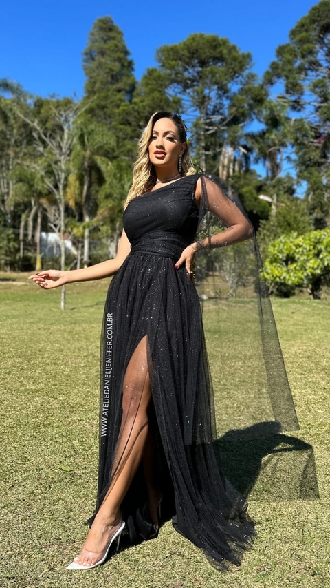 Vestido Longo Rafa Preto Alça Única Manga Solta