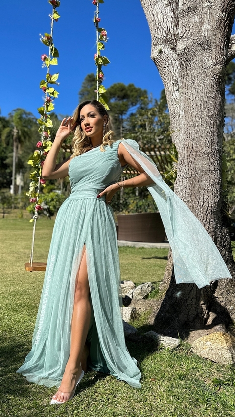 Vestido Longo Verde Rafa Manga Solta Alça Nula