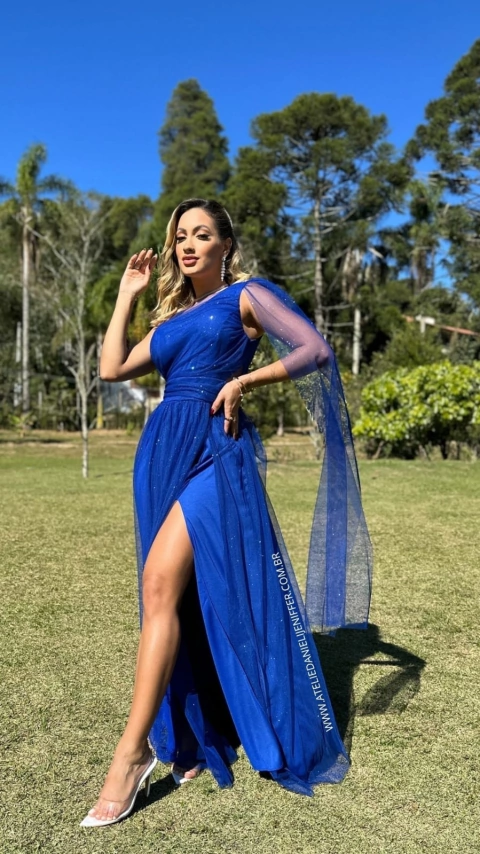 Vestido Longo Azul Royal Rafa Alça Nula Manga Solta