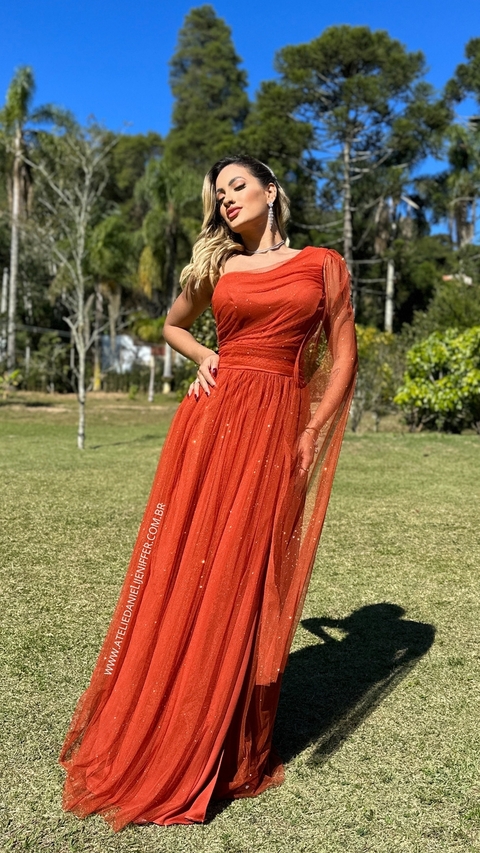 Vestido Longo Terracota Rafa alça Única Manga Solta