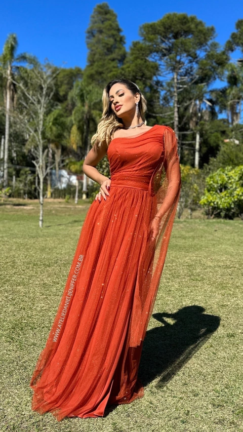 Vestido Longo Terracota Rafa alça Única Manga Solta