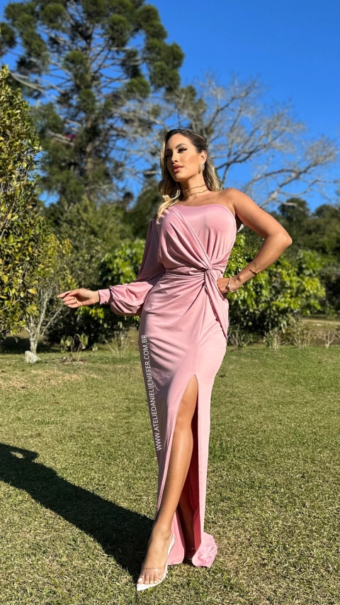 Vestido Longo Rose Bianca Manga Nula Com Abertura Lateral E Fenda