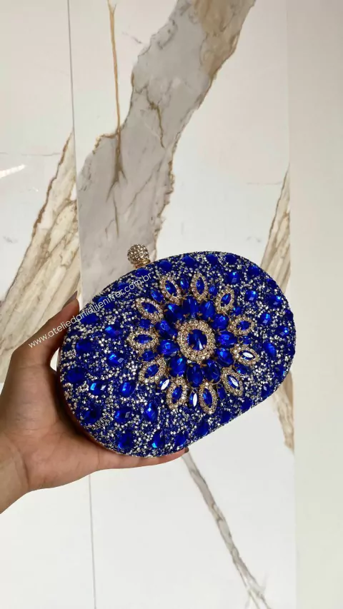 Clutch Pedraria Oval Bolsa De Festa Azul Royal