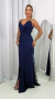Vestido Longo Azul Marinho Alças De Brilho Com Fenda E Detalhe Na Cintura Vivi