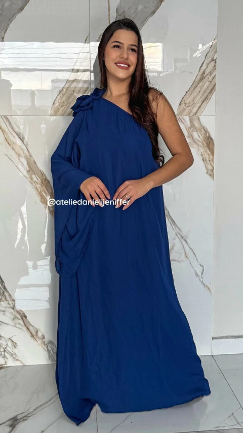 Vestido Azul Marinho Flor Fluido Manga Nula Solta Com Cinto Removível - comprar online