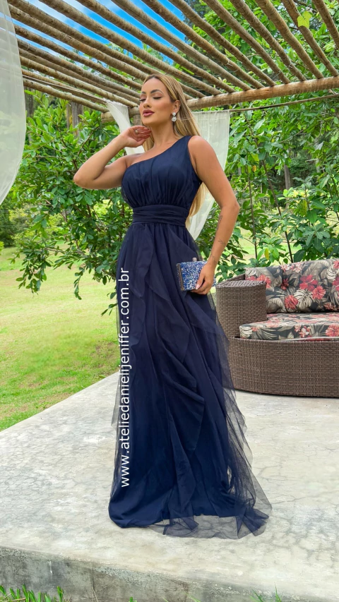 Vestido Mel Azul Marinho Longo Alça Única Com Babado Vertical - comprar online