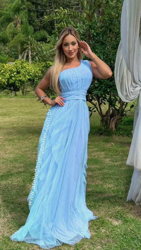 Vestido Mel Azul Serenety Longo Alça Única Com Babado Vertical - comprar online