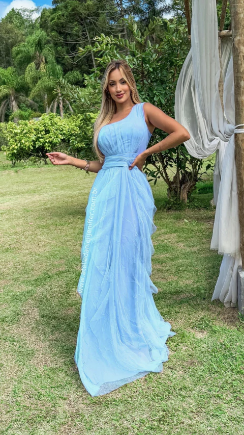 Vestido Mel Azul Serenety Longo Alça Única Com Babado Vertical - comprar online