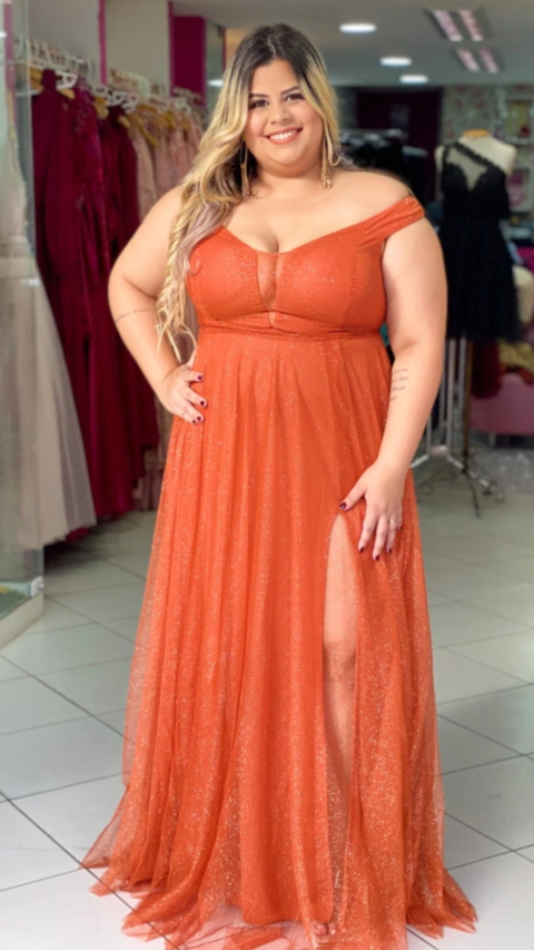 Vestido Ombro A Ombro Terracota Com Fenda Isabelly