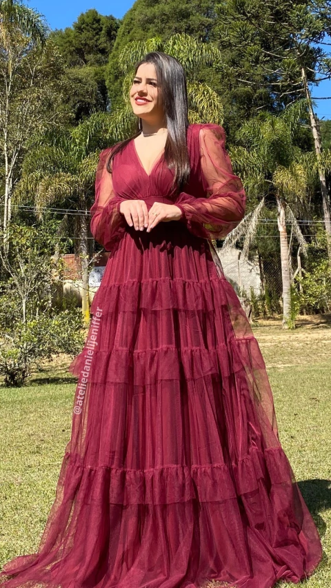 Vestido Longo Marsala Três Marias De Manga Longa