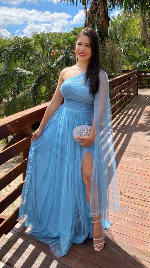 Vestido Longo Rafa Azul Serenety Alça Ùnica Manga Solta