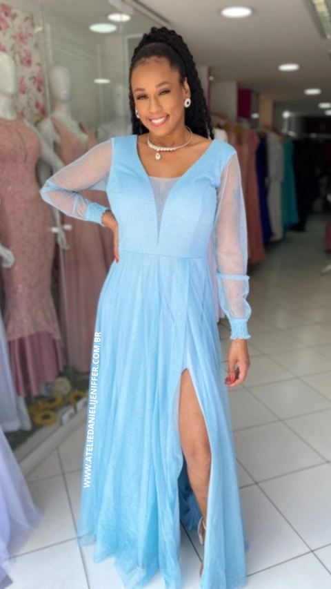 Vestido Longo Azul Serenety Com Manga Plus Carol