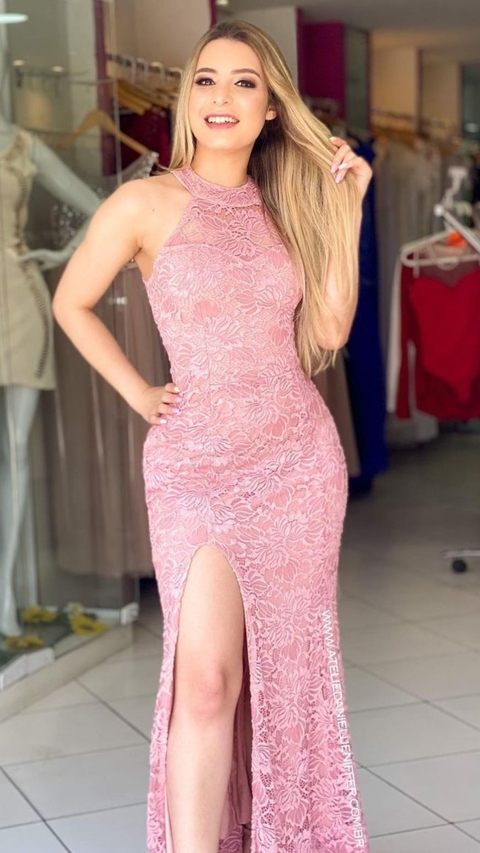 Vestido Longo Cris Rose Com Fenda