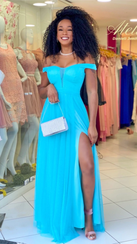 Vestido Longo Azul Tiffany Ombro A Ombro Com Fenda Isabelly