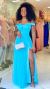 Vestido Longo Azul Tiffany Ombro A Ombro Com Fenda Isabelly