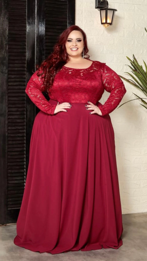 Vestido Flora Plus Size Marsala Com Manga Longa