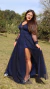 Vestido Longo Azul Marinho Carol Manga Longa Fenda - loja online