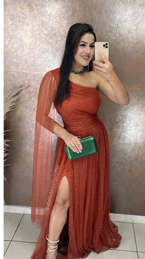 Vestido Longo Rafa Terracota alça Unica Manga Solta