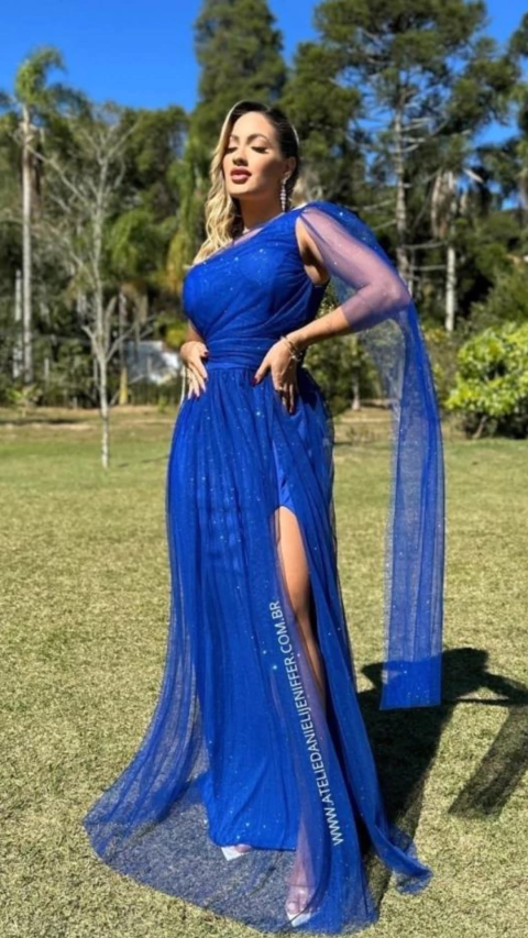 Vestido Longo Azul Royal Rafa Alça Nula Manga Solta