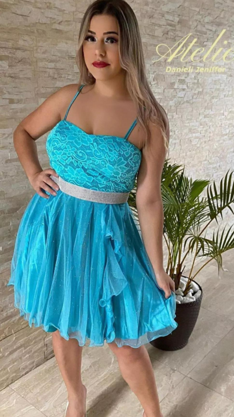 Vestido Curto De Alcinha Azul Tiffany Com Brilho