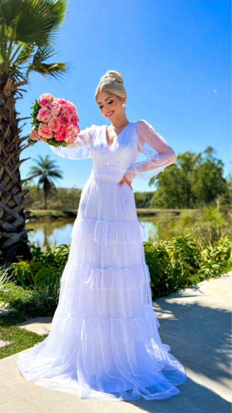 Vestido Longo Três Marias Manga Longa Branco