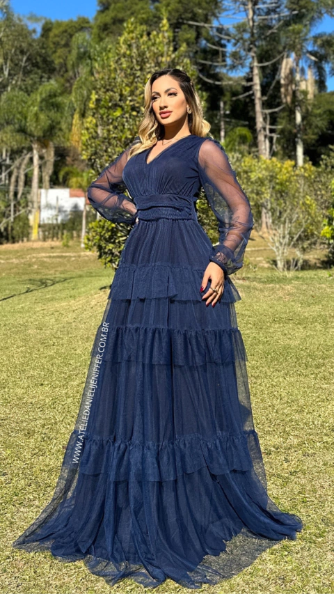 Vestido Longo Três Maria Azul Marinho Com Babados Manga Longa