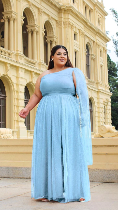 Vestido Longo Rafa Azul Serenety Manga Solta Alça Nula,