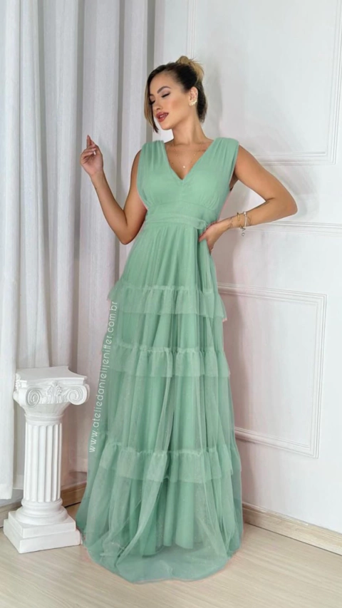 Vestido Longo Com Babados Três Maria Verde Sem Mangas