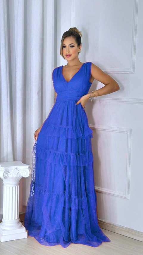 Vestido Longo Com Babados Três Maria Azul Royal Sem Mangas