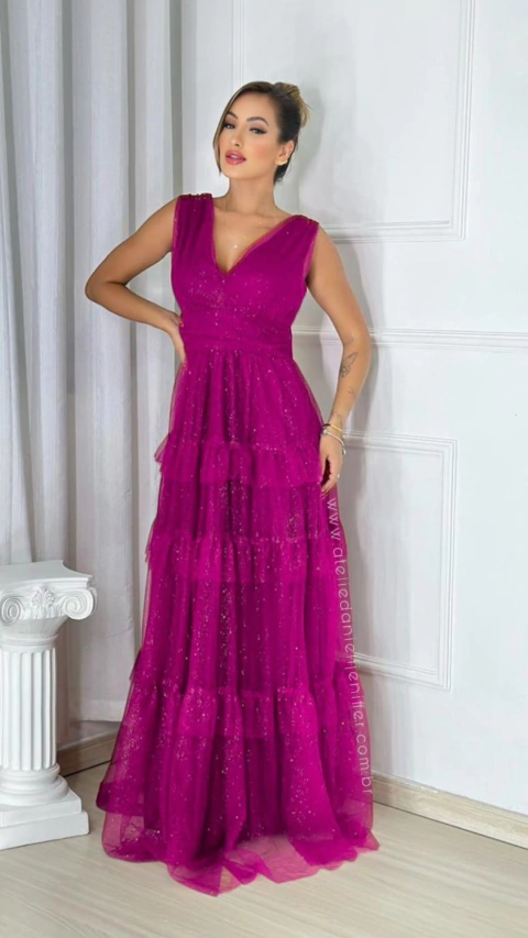 Vestido Longo Com Babados Três Maria Fúcsia Sem Mangas