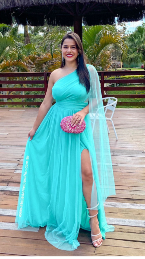 Vestido Longo Rafa Alça Ùnica Manga Solta Azul Tiffany