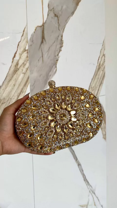 Clutch Pedraria Oval Bolsa De Festa Dourada