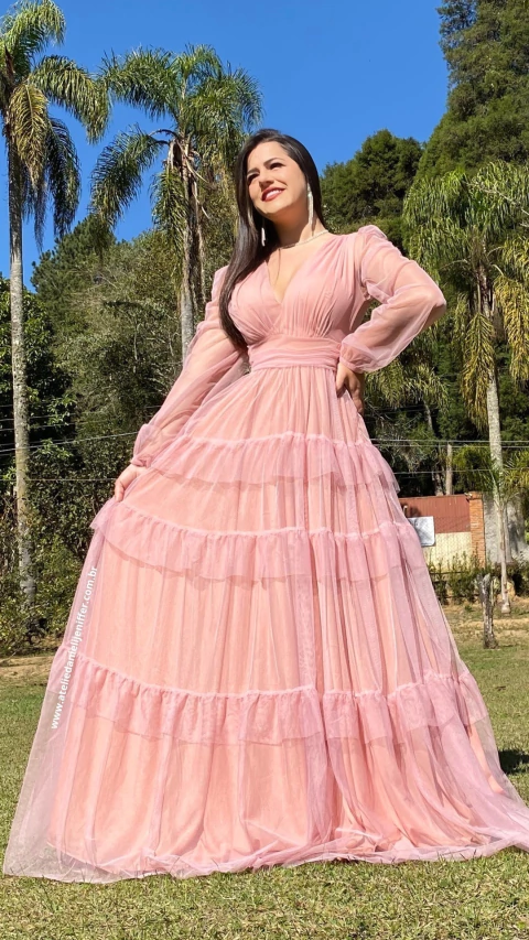 Vestido Longo Rose Três Marias De manga Longa
