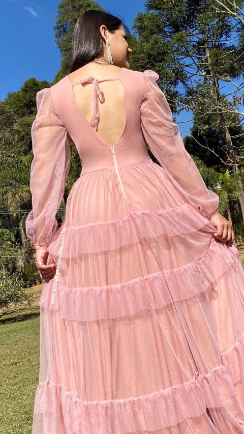 Vestido Longo Rose Três Marias De manga Longa